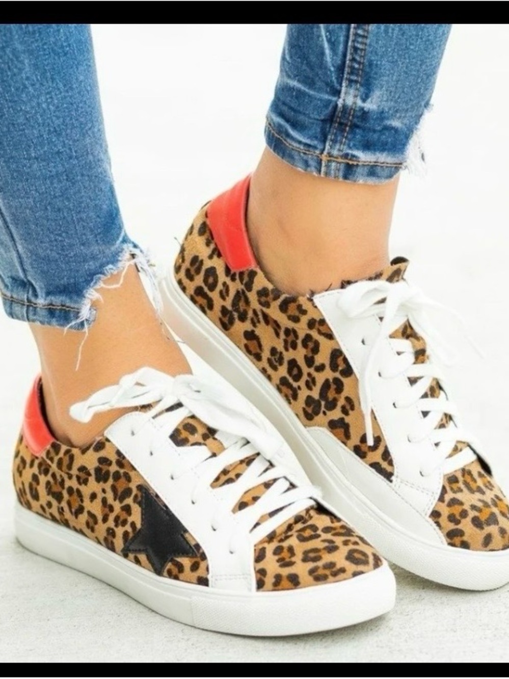 Nature Breeze Leopard Print Sneakers with White Laces and Red Heel Size 6.5
